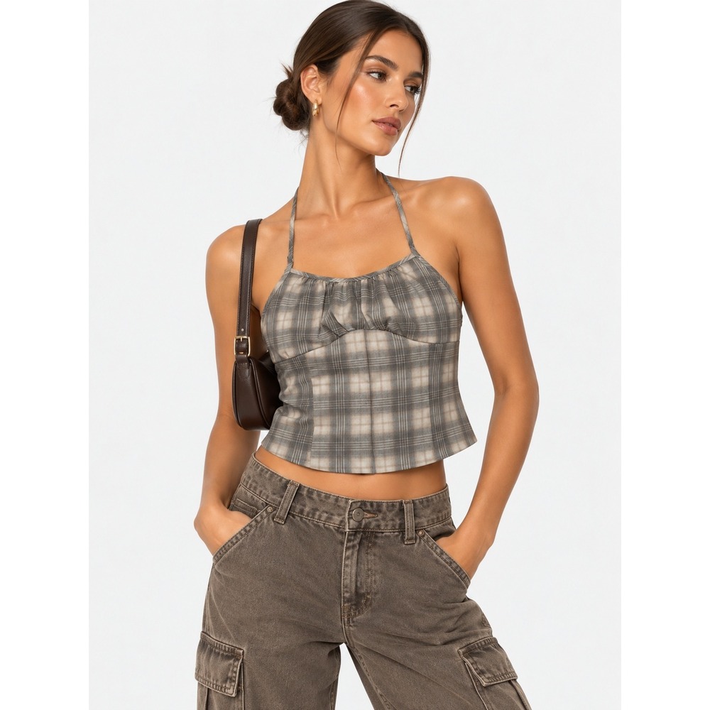 Lioness Plaid Halter Crop Top Beige Gray Ruched Bust Size M NWT New